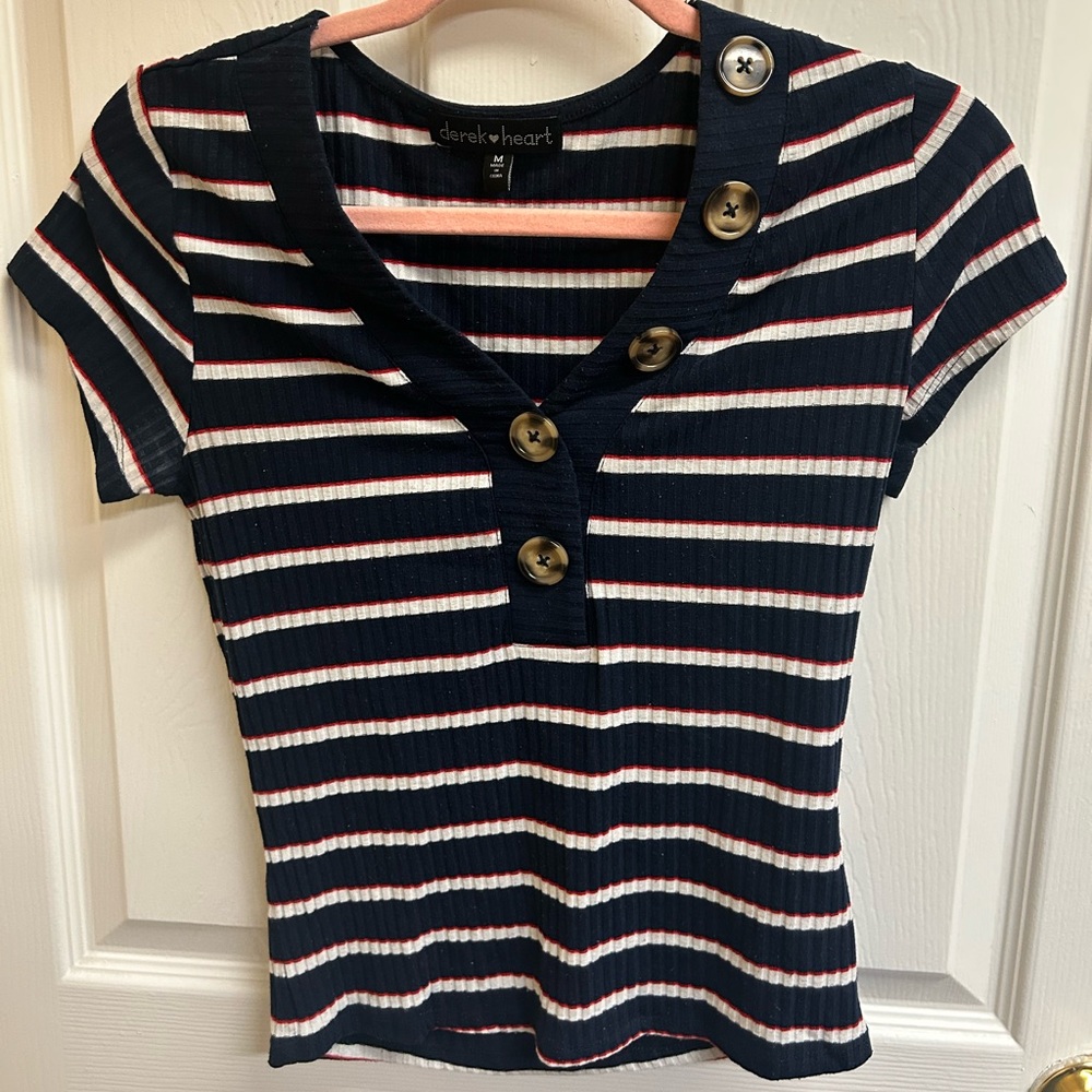Derek Heart Navy and White Striped Button Top